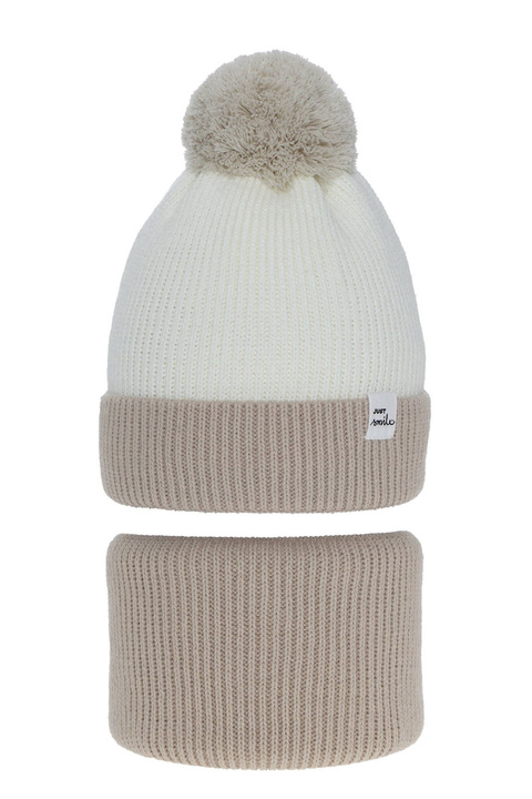 Flicka vinter set: mössa och tubhalsduk, beige, med pompom, Rosalin
