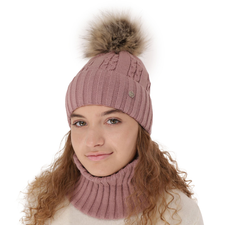Flicka vinter set: mössa och tubhalsduk, wrzosowy, med pompom, Felia
