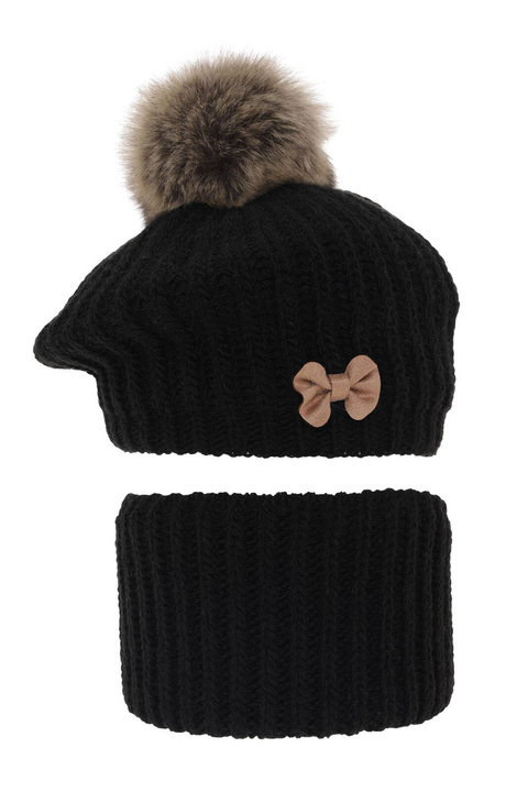 Flicka vinter set: mössa och halsduk, svart, med pompom, Polinezja