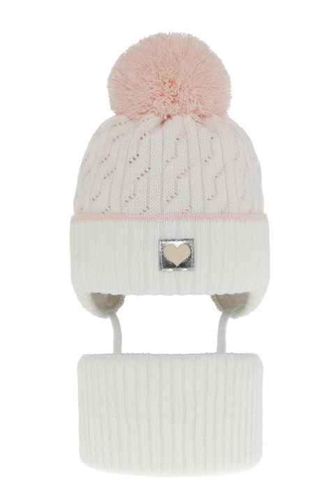 Flicka vinter set: mössa och tubhalsduk, vit, med pompom, Natka
