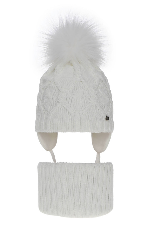 Flicka vinter set: mössa och tubhalsduk, vit, med pompom, Elena