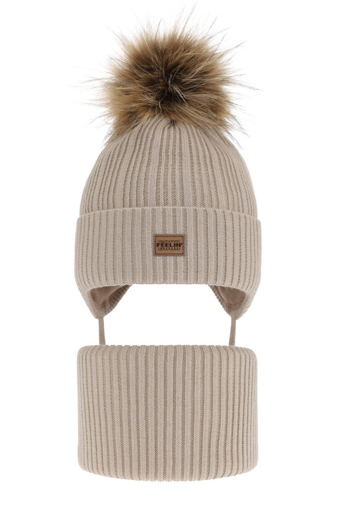 Pojke vinter set: mössa och tubhalsduk, beige, med pompom, Eger