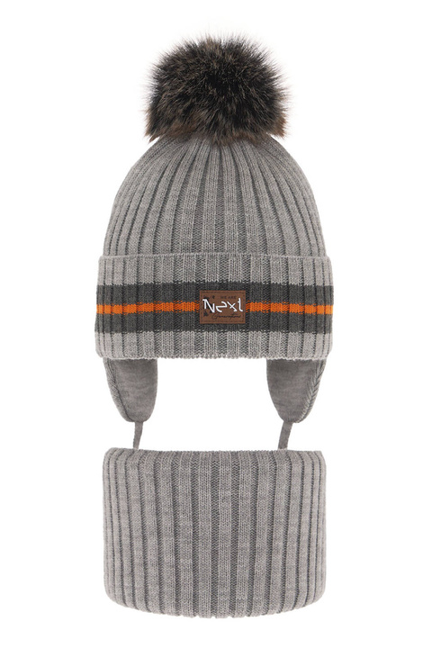 Pojke vinter set: mössa och halsduk, ljusgrå, med pompom, Echo