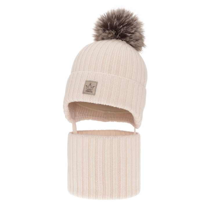 Flicka vinter set: mössa och halsduk, ljusrosa, med pompom, 100% Merino Ull, fodrad med ullfleece, wiązany Martina