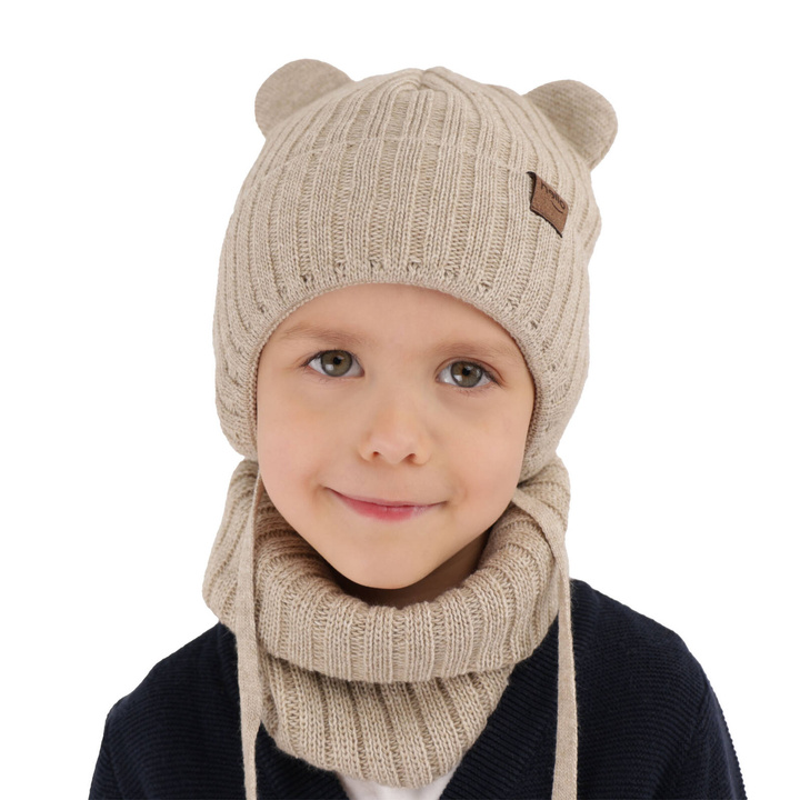 Pojke vinter set: mössa och halsduk, beige, med knytband, Ferven