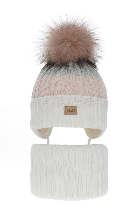 Flicka vinter set: mössa och tubhalsduk, creme, med pompom, knytband, Riviera