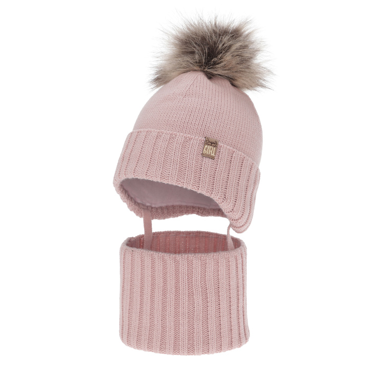 Flicka vinter set: mössa och tubhalsduk, rosa, med pompom, Primula