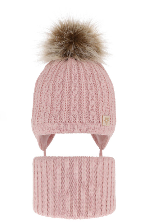 Flicka vinter set: mössa och tubhalsduk, rosa, med pompom, knytband, Passa
