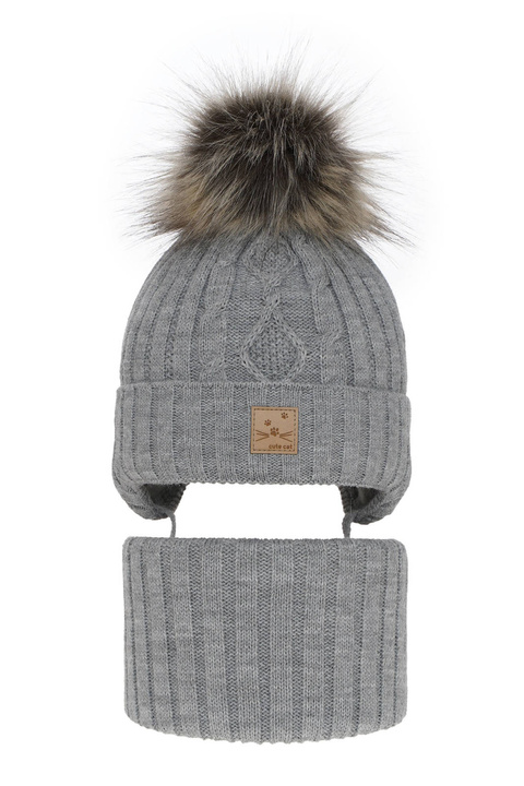 Flicka vinter set: mössa och halsduk, grå, med pompom, Aida
