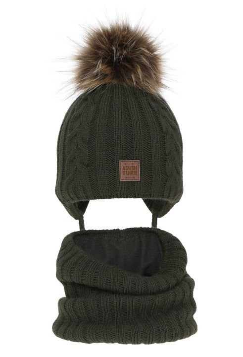 Pojke vinter set: mössa och halsduk, khaki, med pompom, Casper