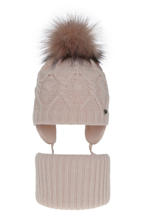 Flicka vinter set: mössa och tubhalsduk, rosa, med pompom, Elena