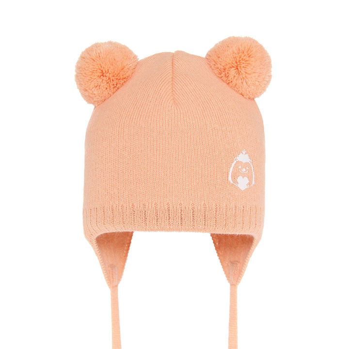 Flicka höst/vår mössa, orange, med två pompommar, knytband, Bunia