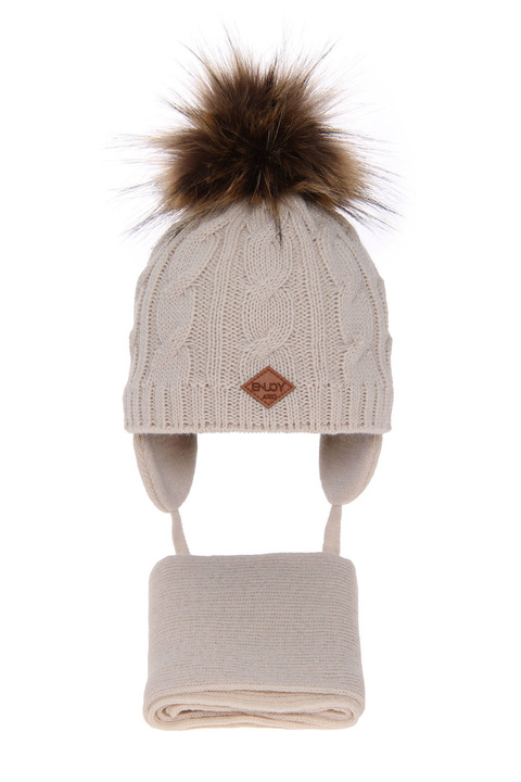 Pojke vinter set: mössa och halsduk, beige, med pompom, Minor