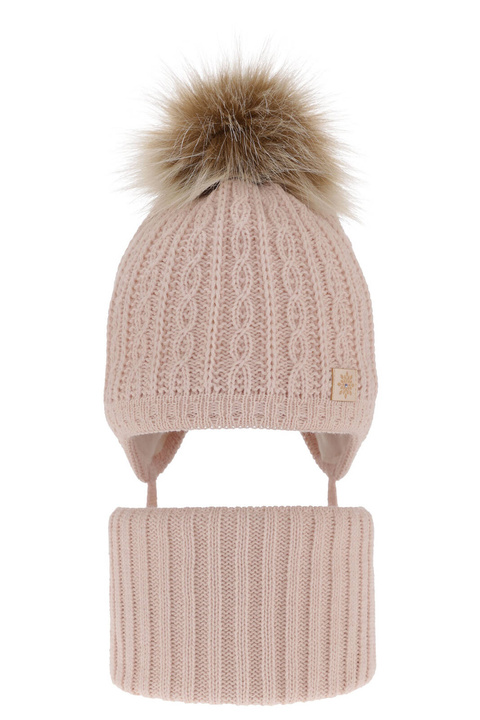 Flicka vinter set: mössa och halsduk, ljusrosa, med pompom, Passa