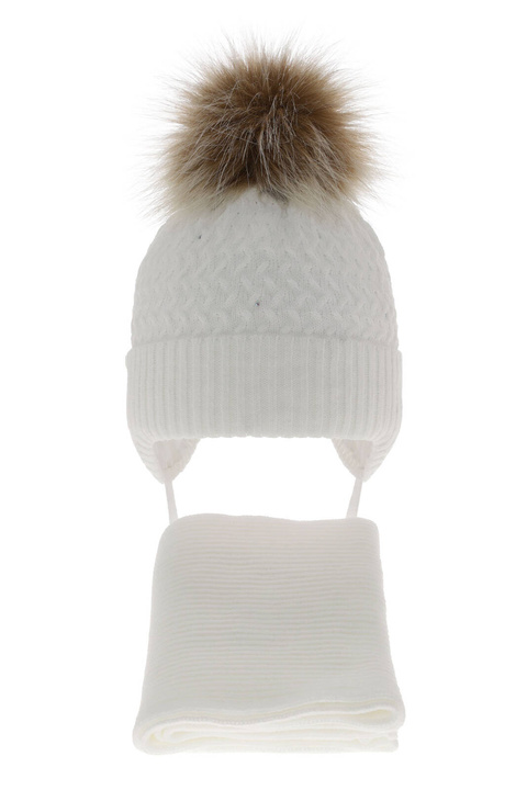 Flicka vinter set: mössa och halsduk, vit, med pompom, med knytband, Zelta