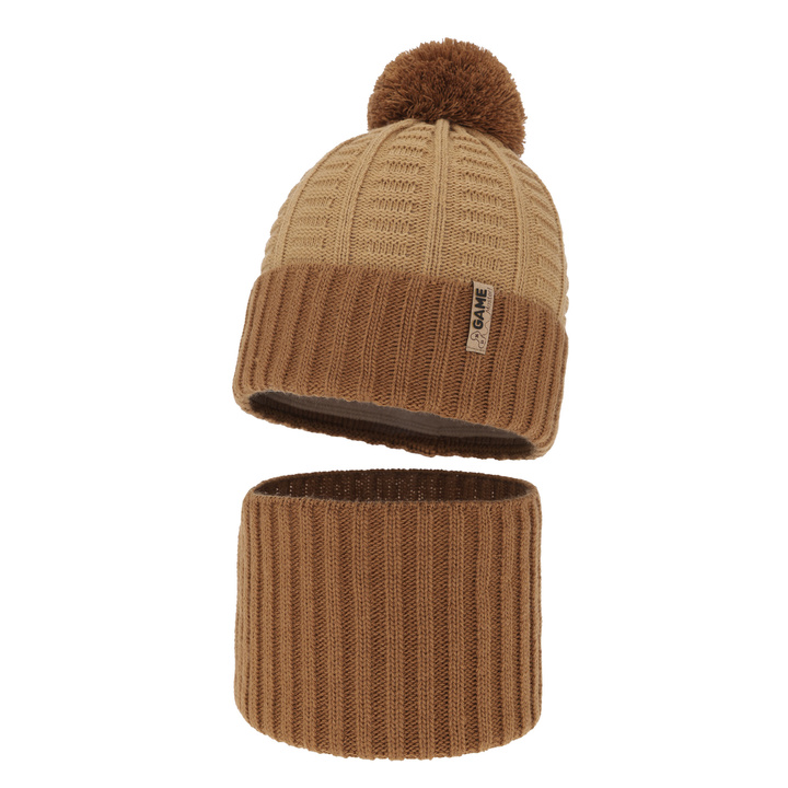 Pojke vinter set: mössa och halsduk, camel, med pompom, Leo