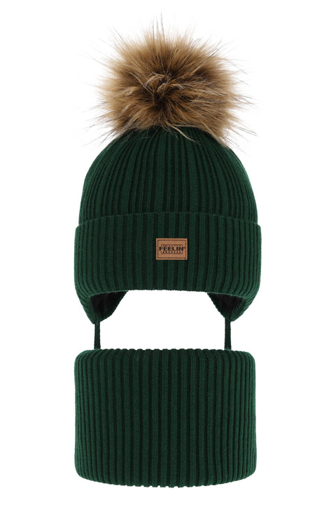 Pojke vinter set: mössa och halsduk, grön, med pompom, knytband, Eger