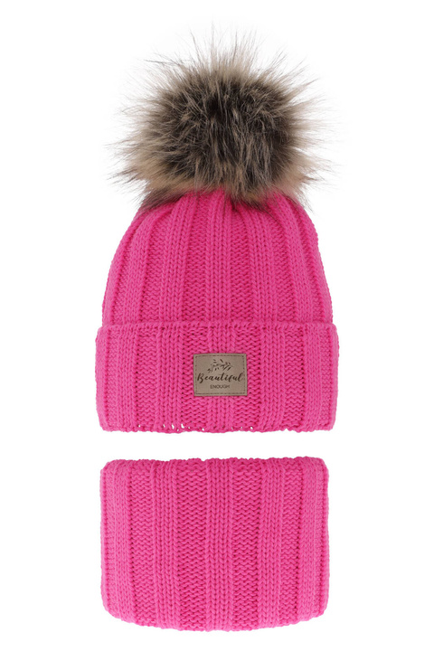 Flicka vinter set: mössa och halsduk, rosa, med pompom, Kaliope