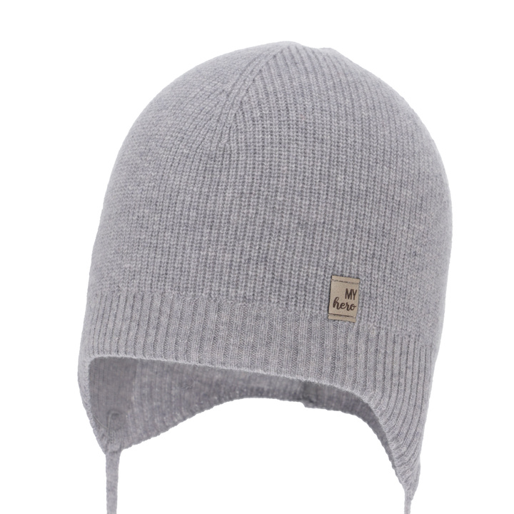 Pojke höst/vår mössa, grå, med merinull och kashmir, med knytband, Tono