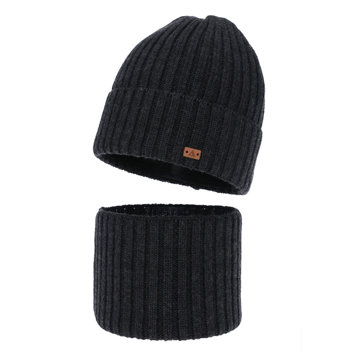 Pojke vinter set: mössa och tubhalsduk, mörkgrå, 100% Merino Ull, Umberto