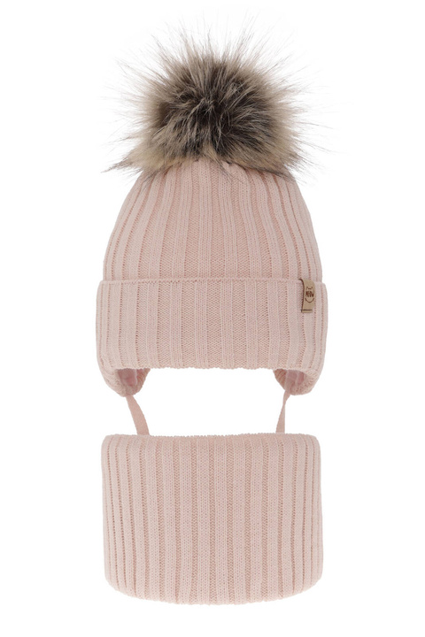Flicka vinter set: mössa och tubhalsduk, beige, med pompom, Louisa