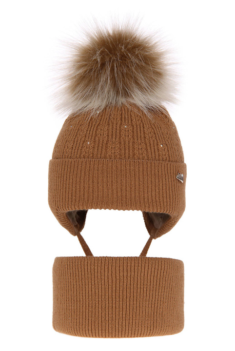 Flicka vinter set: mössa och tubhalsduk, camel, med pompom, wiązany Kornela