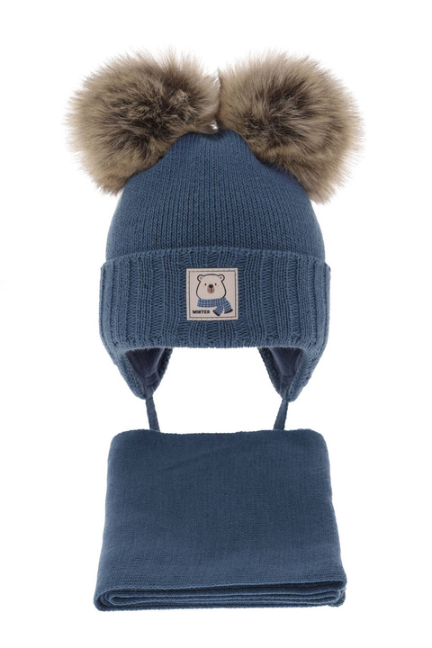 Pojke vinter set: mössa och halsduk, blå, med två pompommar, Jewel