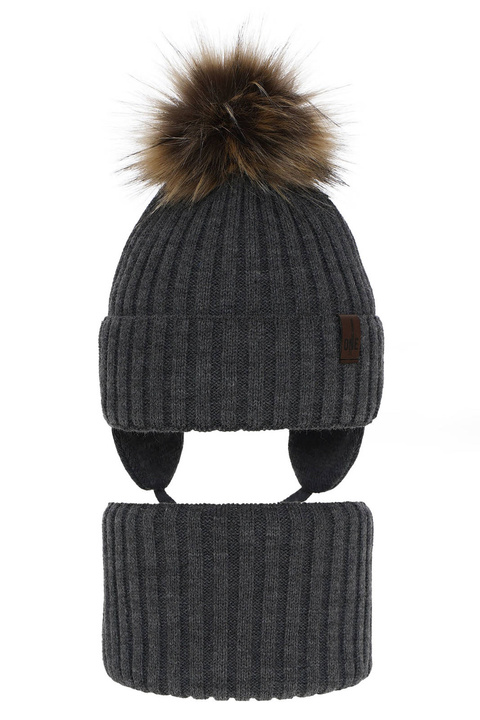 Pojke vinter set: mössa och tubhalsduk, mörkgrå, med pompom, Puzel
