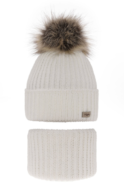 Flicka vinter set: mössa och tubhalsduk, vit, med pompom, Willow