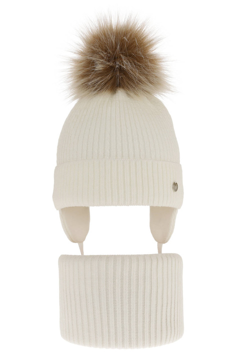 Flicka vinter set: mössa och halsduk, creme, med pompom, Debra