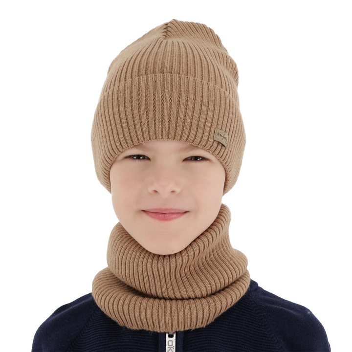 Pojke höst/vår set: mössa och tubhalsduk, camel, 100% Merino Ull, Intro