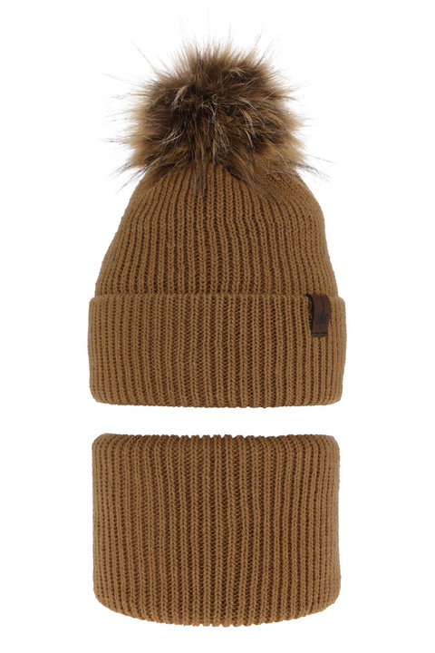 Pojke vinter set: mössa och tubhalsduk, camel, med pompom, Modus