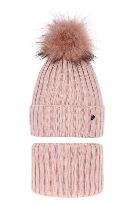 Flicka vinter set: mössa och tubhalsduk, rosa, med pompom, Wilma
