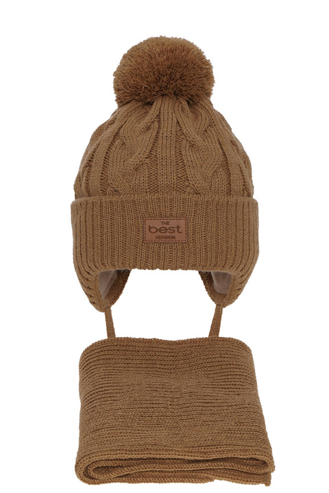 Pojke vinter set: mössa och halsduk, camel, med pompom, Remix