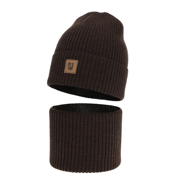 Pojke höst/vår set: mössa och halsduk, brun, 100% Merino Ull, Vanto