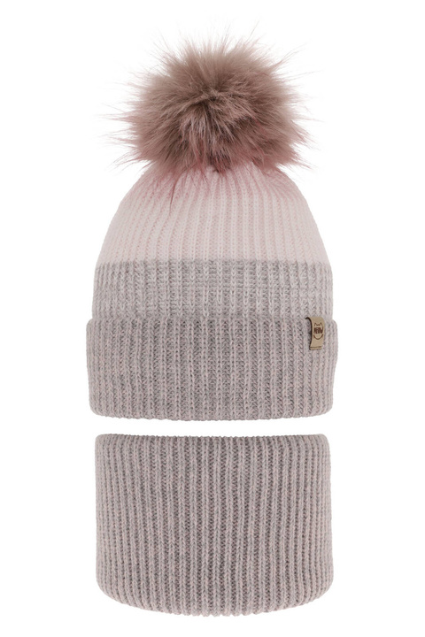 Flicka vinter set: mössa och tubhalsduk, grå, med pompom, Gimena