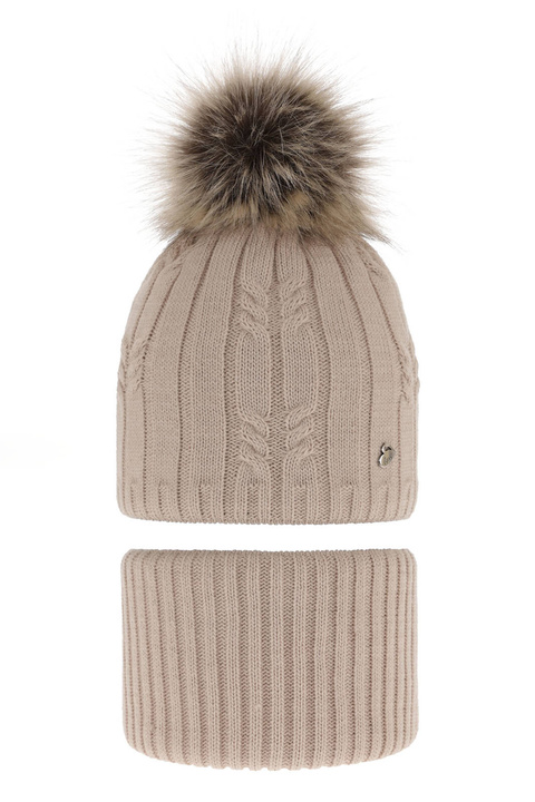 Flicka vinter set: mössa och tubhalsduk, beige, med pompom, Amaltea