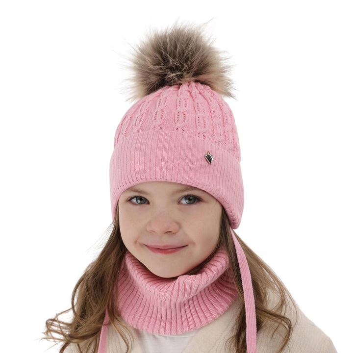 Flicka vinter set: mössa och tubhalsduk, rosa, med pompom, Tukana