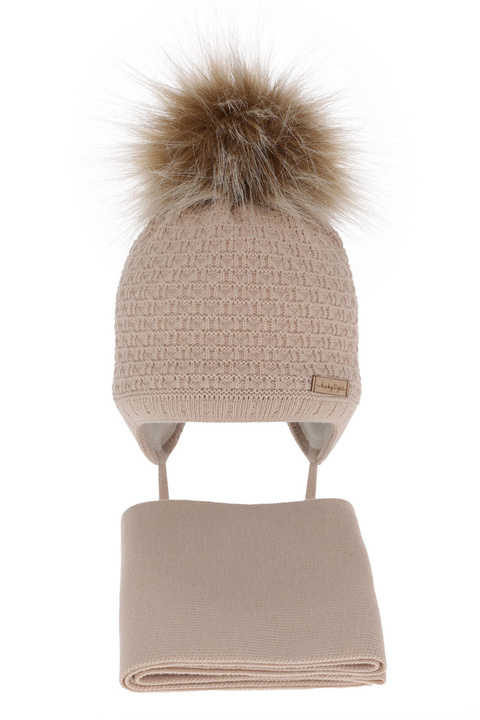 Flicka vinter set: mössa och halsduk, beige, med pompom, Clotilde