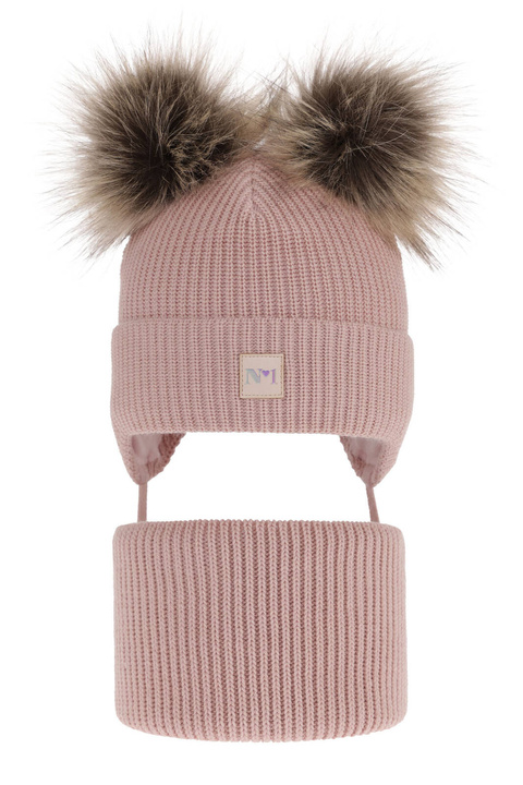 Flicka vinter set: mössa och halsduk, rosa, med två pompommar, wiązany Kiara