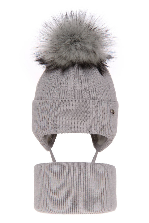 Flicka vinter set: mössa och halsduk, grå, med pompom, Kornela
