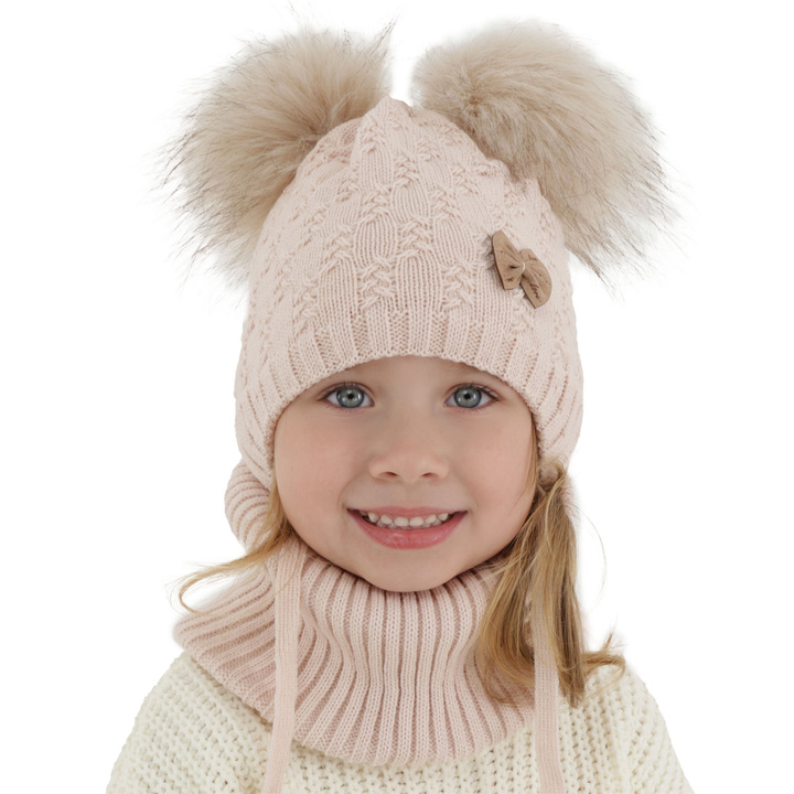Flicka vinter set: mössa och halsduk, rosa, med två pompommar, Bettina
