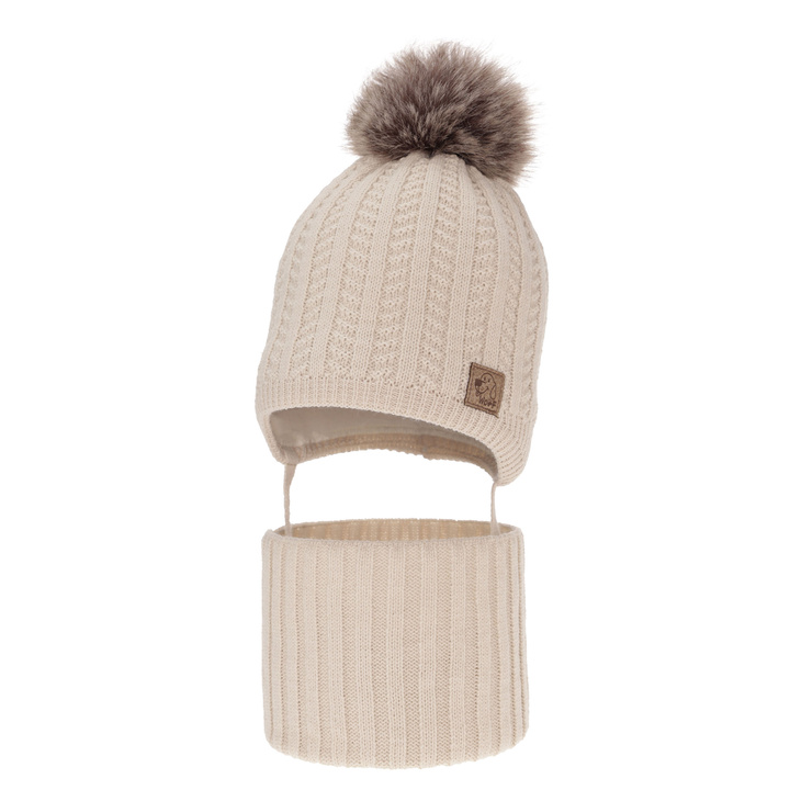 Pojke vinter set: mössa och halsduk, beige, med pompom, Endo