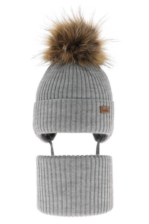 Pojke vinter set: mössa och tubhalsduk, grå, med pompom, med knytband, Bergo