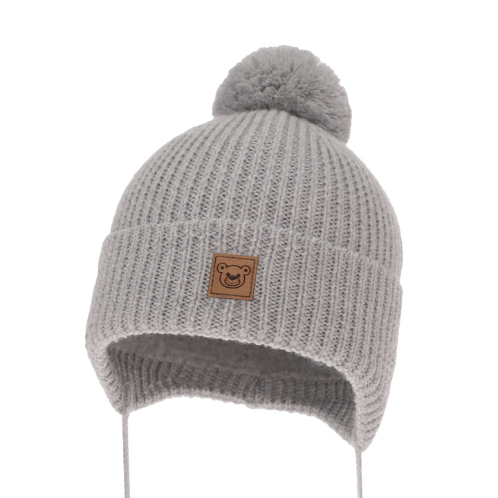 Pojke vintermössa, grå, med knytband, 100% Merino Ull, Fodrad med bomull, Tofik