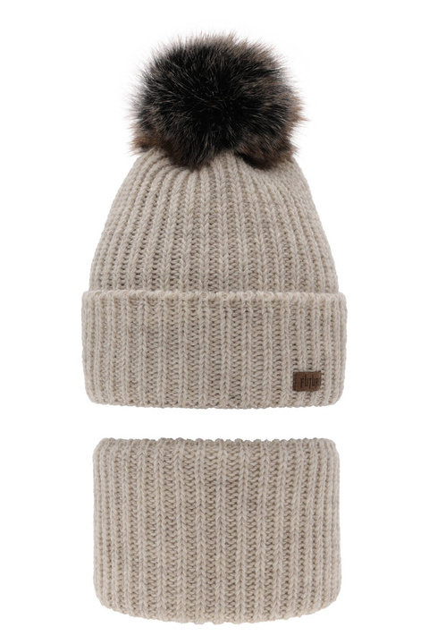 Pojke vinter set: mössa och halsduk, beige, med pompom, Wonder