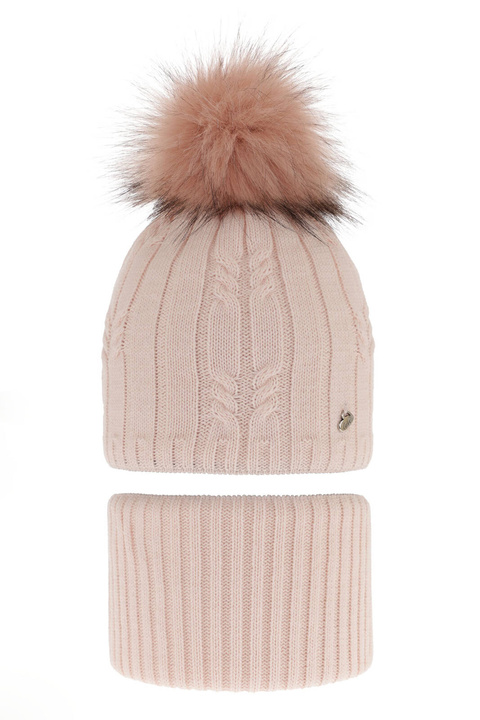 Flicka vinter set: mössa och halsduk, rosa, med pompom, Amaltea