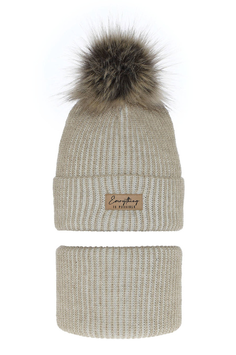 Flicka vinter set: mössa och tubhalsduk, beige, med pompom, Floryda