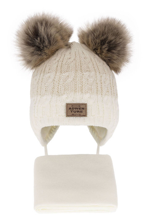 Pojke vinter set: mössa och halsduk, kremowy, med två pompommar, Platon