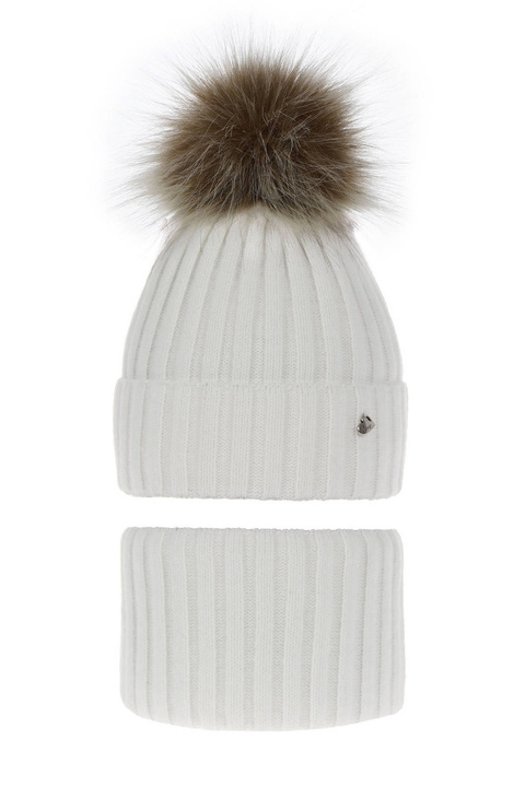 Flicka vinter set: mössa och tubhalsduk, vit, med pompom, Wilma